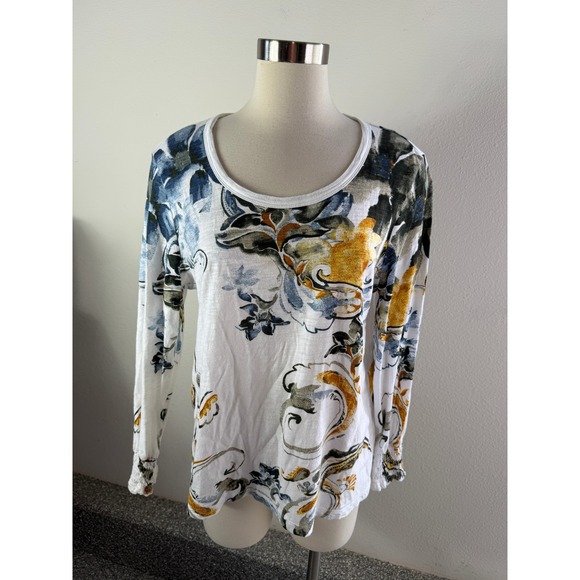Chico's Tops - Chicos Women Large White Floral Paisley Slub Knit Scoop Neck Smocked Cuff Top
